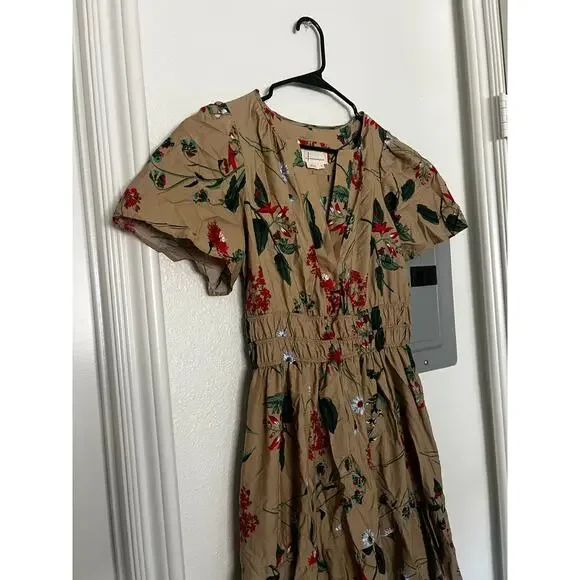 Anthropologie The Somerset Maxi Dress Cotton Tiered in Khaki Floral - Picture 4 of 8
